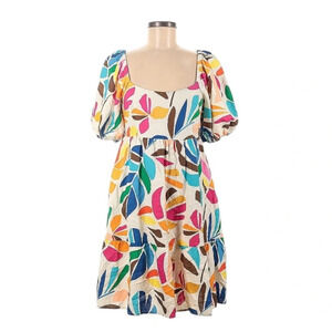 Tabitha Brown Linen Babydoll Tropical Mini Dress Pockets Size XXS